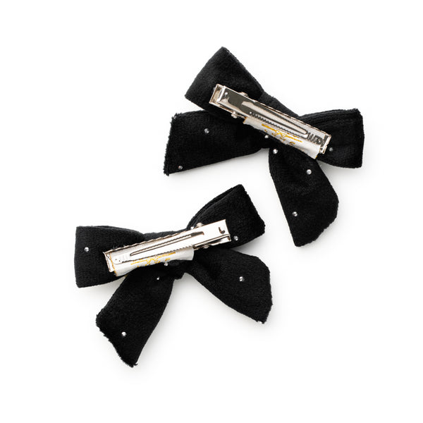 Velvet Double Clip Set black hair bows with silver clips on a white background