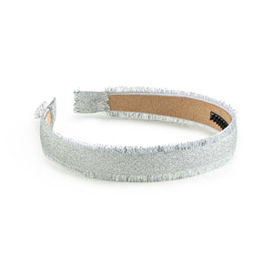 A silver deconstructed grosgrain ribbon headband with rubberized teeth on the inner face.