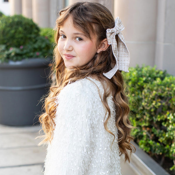 Halo Luxe Estella Tweed Pearl Trimmed Long Tail Clip - Tan/Ivory