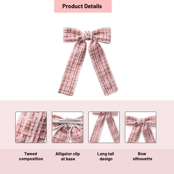 Halo Luxe Estella Tweed Pearl Trimmed Long Tail Clip - Rose