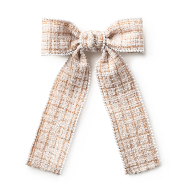 Halo Luxe Estella Tweed Pearl Trimmed Long Tail Clip - Tan/Ivory