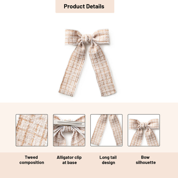 Halo Luxe Estella Tweed Pearl Trimmed Long Tail Clip - Tan/Ivory
