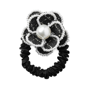 Halo Luxe Estella Tweed Pearl Trimmed ponytail holder for girls in black color