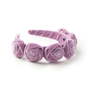 Lavender velvet headband for girls with hand-crafted rosettes & rubberized teeth