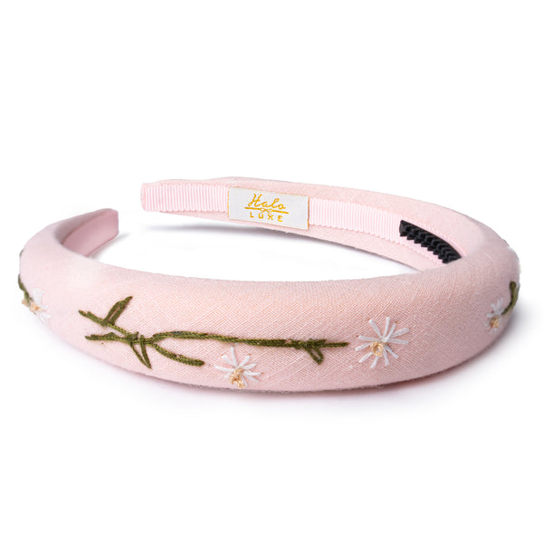 Halo Luxe Felicity Summer Soiree Linen Floral Embroidered Headband - Pink / White