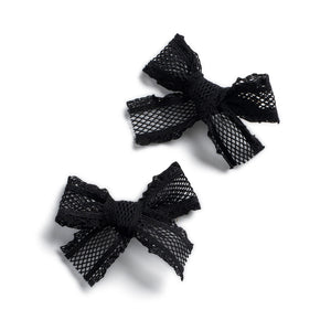 A set of two black lace hair clips with a secure alligator clip at the base, designed with intricate lace and hand-crafted bow knots.
