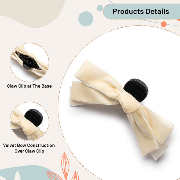 Beige velvet hair bow claw clip on a white background