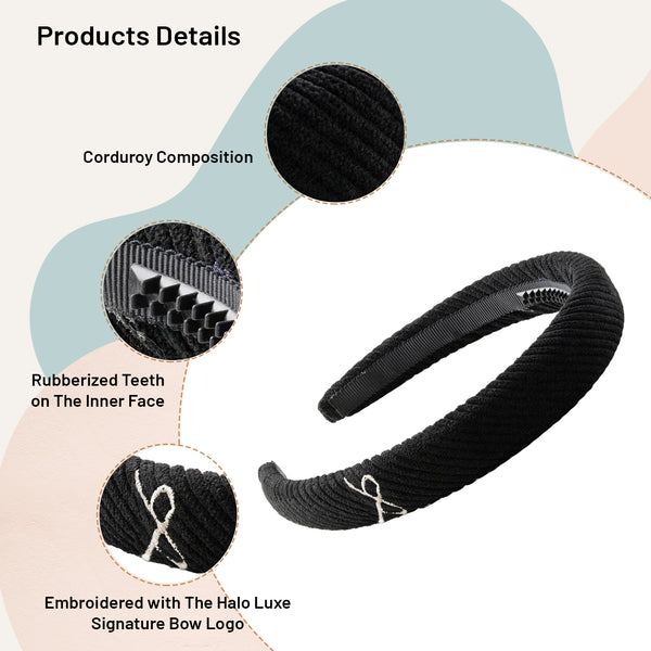 Halo Luxe Mia Corduroy Signature Bow Logo Headband - Black
