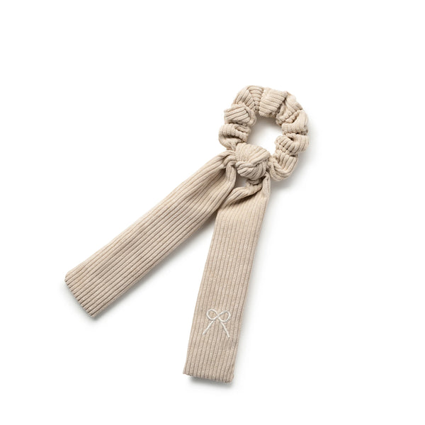 Halo Luxe Mia Corduroy Signature Bow Logo Long Tail Scrunchie - Ecru