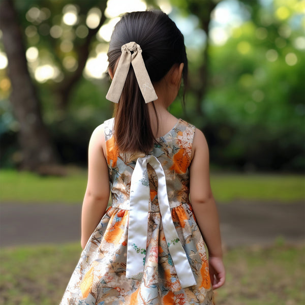 Halo Luxe Mia Corduroy Signature Bow Logo Long Tail Scrunchie - Ecru