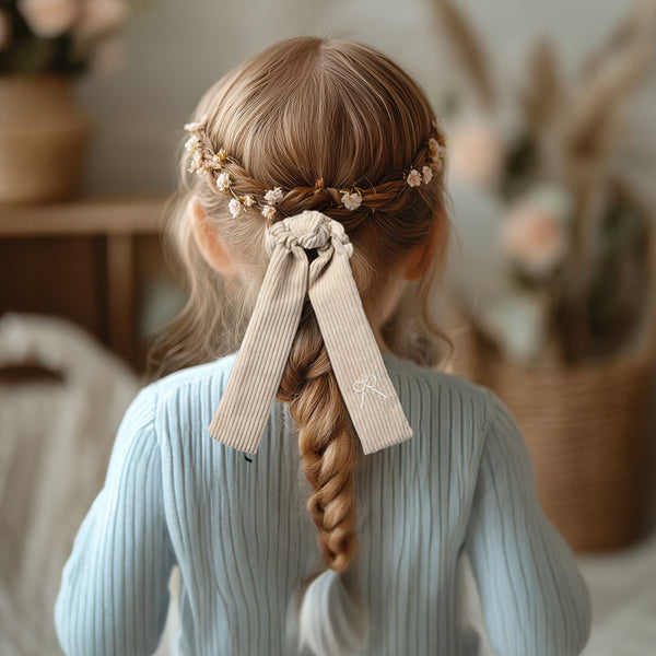 Halo Luxe Mia Corduroy Signature Bow Logo Long Tail Scrunchie - Ecru