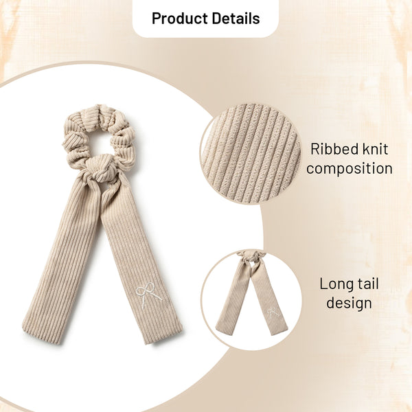 Halo Luxe Mia Corduroy Signature Bow Logo Long Tail Scrunchie - Ecru