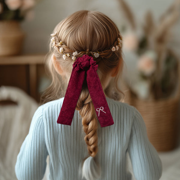 Halo Luxe Mia Corduroy Signature Bow Logo Long Tail Scrunchie - Ruby