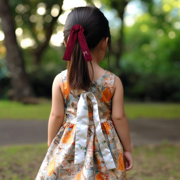 Halo Luxe Mia Corduroy Signature Bow Logo Long Tail Scrunchie - Ruby