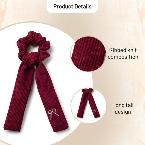 Halo Luxe Mia Corduroy Signature Bow Logo Long Tail Scrunchie - Ruby