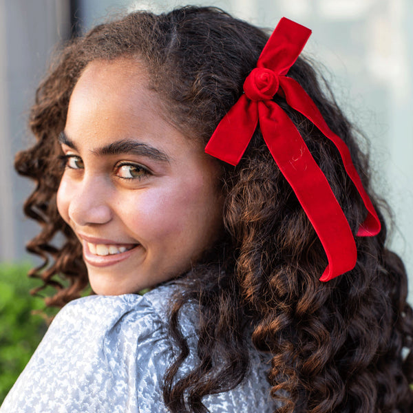 Halo Luxe Rosette Velvet Long Tail Clip - Red