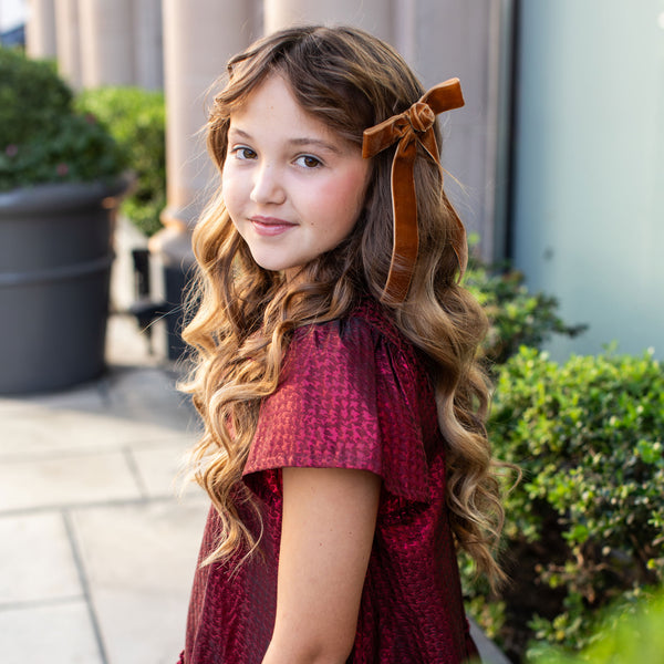 Halo Luxe Rosette Velvet Long Tail Clip - Caramel