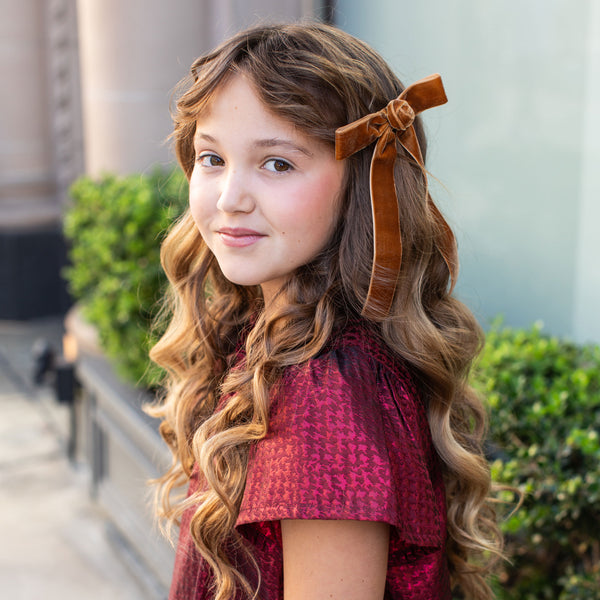 Halo Luxe Rosette Velvet Long Tail Clip - Caramel