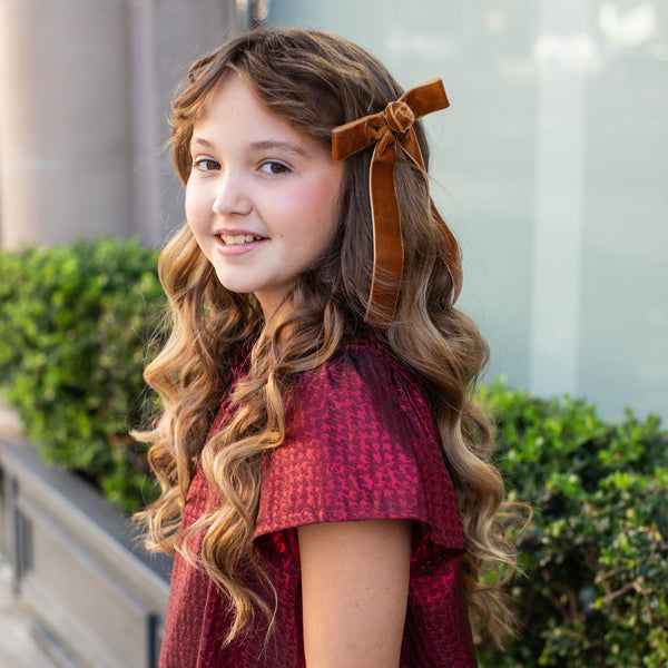 Halo Luxe Rosette Velvet Long Tail Clip - Caramel