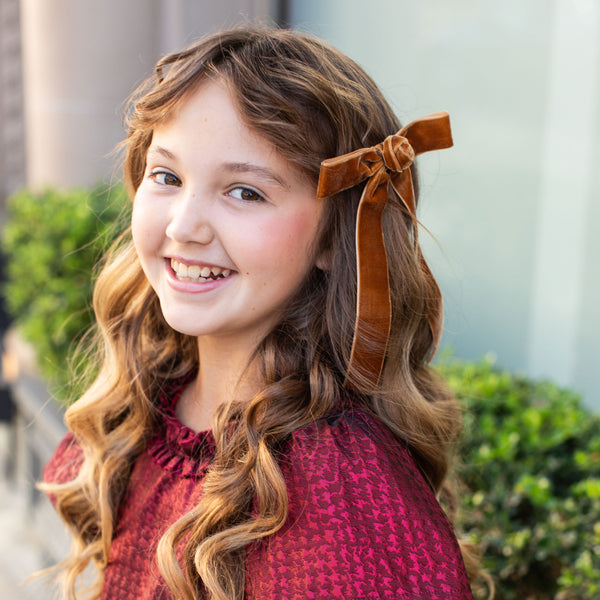 Halo Luxe Rosette Velvet Long Tail Clip - Caramel