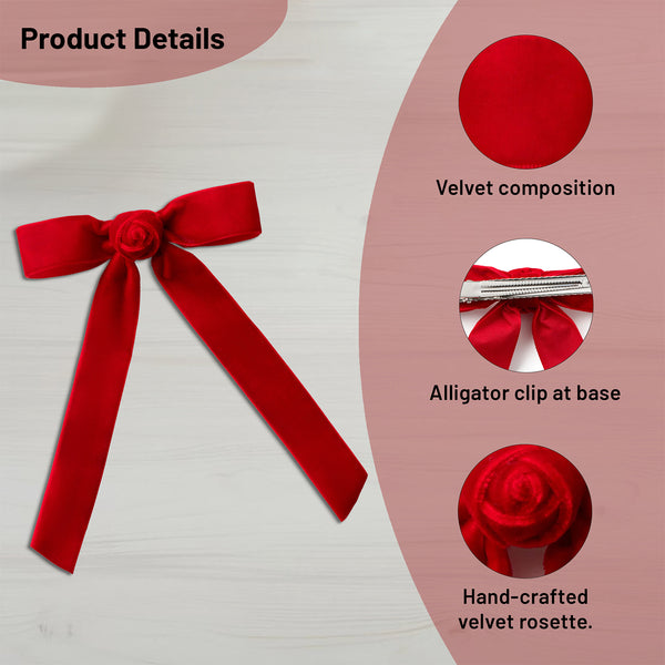 Halo Luxe Rosette Velvet Long Tail Clip - Red