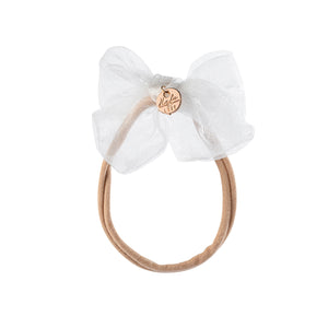 Golden color soft headband attached to the white organza bow on the top - Halo Luxe