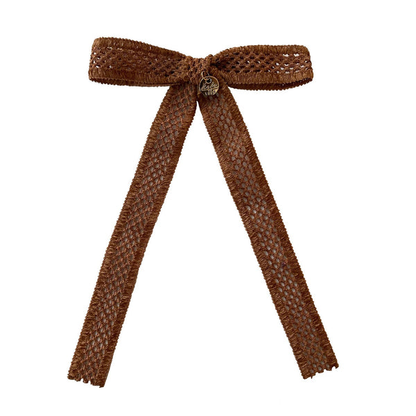 Della Chenille Lace Bow Long Tail Clip Caramel Brown - Halo Luxe