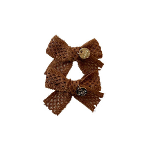 Della Chenille Lace Double Bow Clip Caramel Brown - Halo Luxe