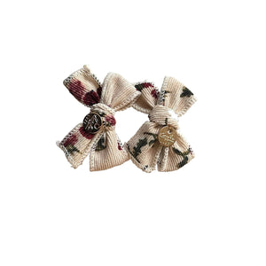 Elsie Printed Corduroy Double Bow Clip Ivory Floral - Halo Luxe