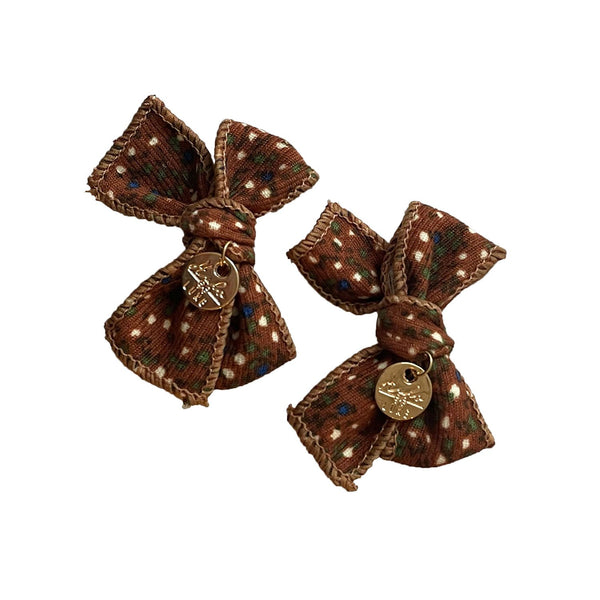 Elsie Printed Corduroy Double Bow Clip Caramel Brown Floral - Halo Luxe