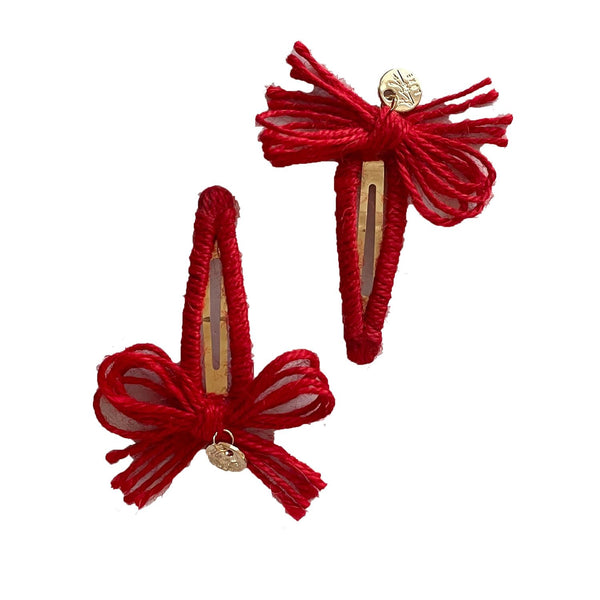 Goldie Woolen Yarn Double Bow Clip Red - Halo Luxe