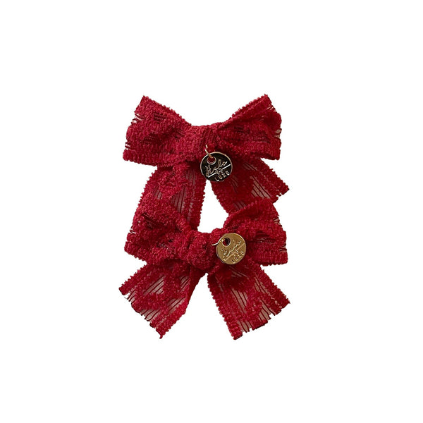 Isla Lace Knit Bow Double Clip Red - Halo Luxe