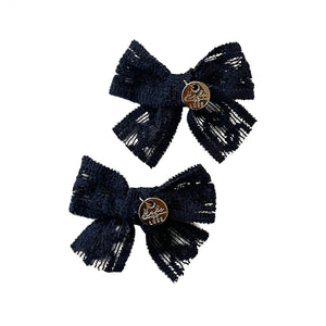 Isla Lace Knit Bow Double Clip Navy - Halo Luxe